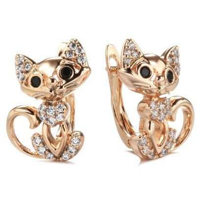 Purple Gold Temperament Cat Fine Zircon-embedded Earrings