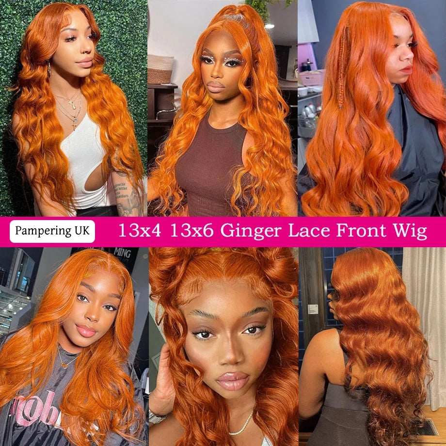 Orange Ginger Body Wave HD Transparent Human Hair Wigs